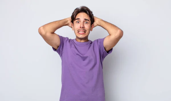 Young Handsome Hispanic Man Feeling Stressed Worried Anxious Scared Hands — Stock Photo, Image