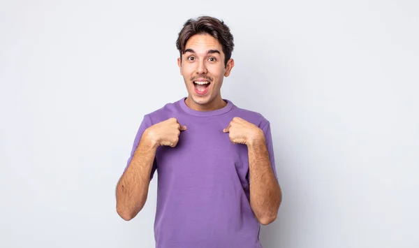 Young Handsome Hispanic Man Feeling Happy Surprised Proud Pointing Self — Stock Photo, Image