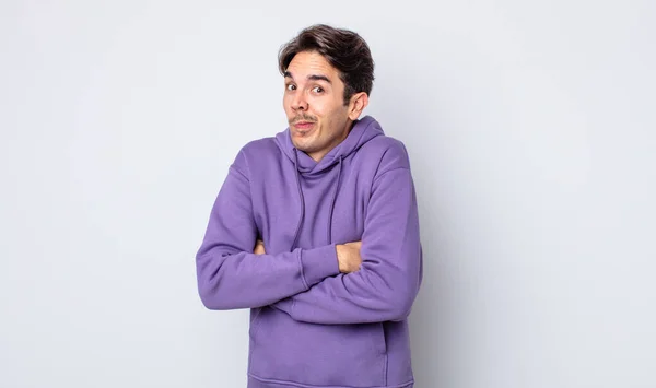 Young Handsome Hispanic Man Shrugging Feeling Confused Uncertain Doubting Arms — Stock Photo, Image