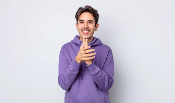 Young Handsome Hispanic Man Feeling Happy Successful Smiling Clapping Hands — Stock Photo, Image