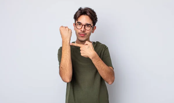 Young Handsome Hispanic Man Looking Impatient Angry Pointing Watch Asking — Stock Photo, Image