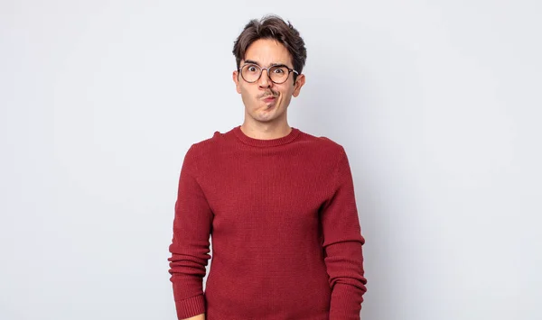 Young Handsome Hispanic Man Feeling Confused Doubtful Wondering Trying Choose — Stock Photo, Image