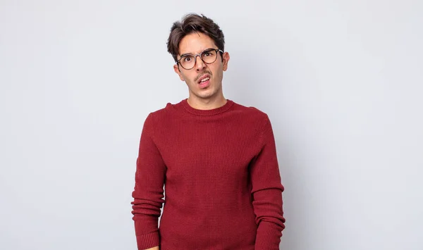Young Handsome Hispanic Man Feeling Puzzled Confused Dumb Stunned Expression — Stock Photo, Image