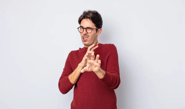 Young Handsome Hispanic Man Feeling Disgusted Nauseous Backing Away Something — Stock Photo, Image