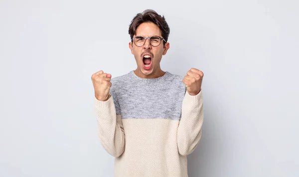 Young Handsome Hispanic Man Shouting Aggressively Angry Expression Fists Clenched — Stock Photo, Image