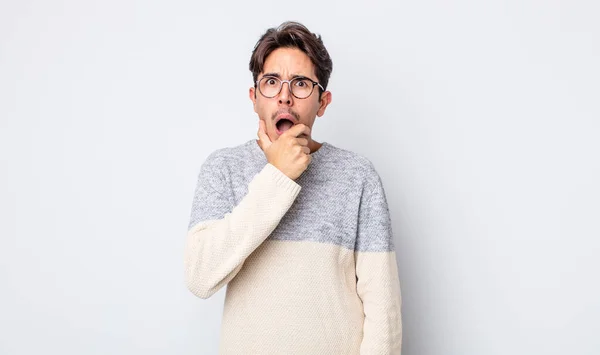 Young Handsome Hispanic Man Mouth Eyes Wide Open Hand Chin — Stock Photo, Image
