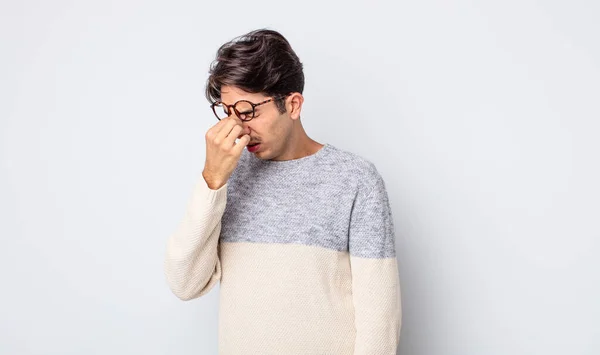 Young Handsome Hispanic Man Feeling Stressed Unhappy Frustrated Touching Forehead — Stock Photo, Image
