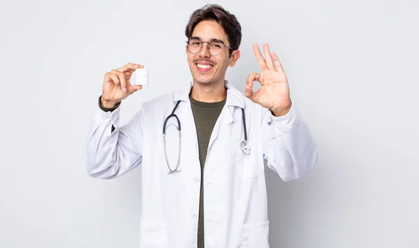 Young Hispanic Man Feeling Happy Showing Approval Okay Gesture Physician — Stock Photo, Image