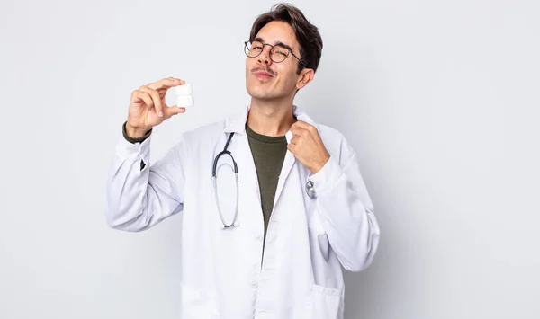 Young Hispanic Man Looking Arrogant Successful Positive Proud Physician Pills — Stock Photo, Image