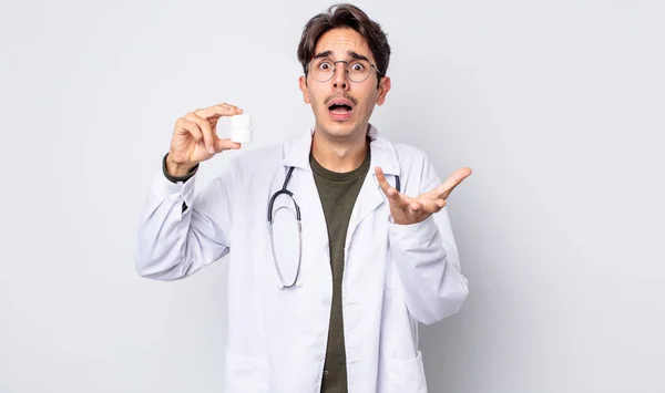 Young Hispanic Man Looking Desperate Frustrated Stressed Physician Pills Bottle — Stock Photo, Image