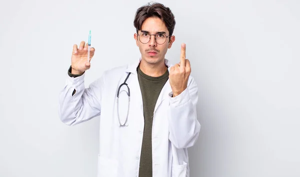 Young Hispanic Man Feeling Angry Annoyed Rebellious Aggressive Doctor Syringe — Stock Photo, Image