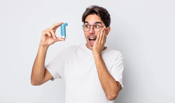 Young Hispanic Man Feeling Happy Excited Surprised Asthma Concept — Stock Photo, Image