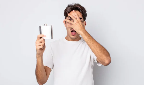 Young Hispanic Man Looking Shocked Scared Terrified Covering Face Hand — Stock Photo, Image