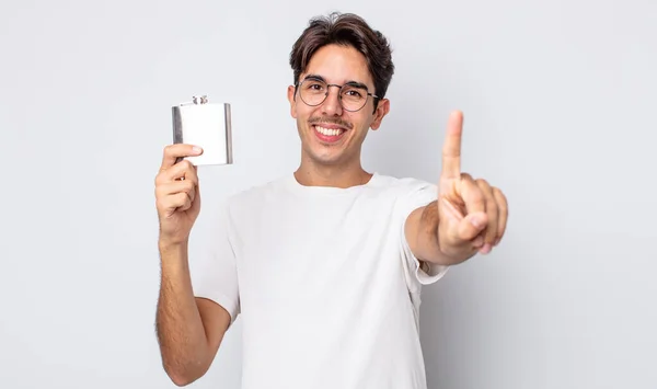 Young Hispanic Man Smiling Proudly Confidently Making Number One Alcohol — Stock Photo, Image