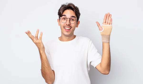 Young Hispanic Man Feeling Happy Surprised Realizing Solution Idea Hand — Stock Photo, Image