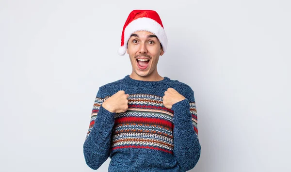 Young Hispanic Man Feeling Happy Pointing Self Excited New Year — Stock Photo, Image