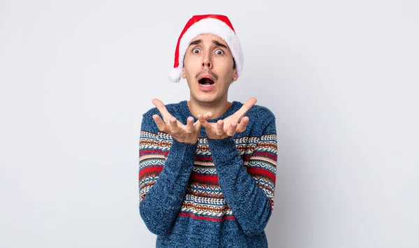 Young Hispanic Man Looking Desperate Frustrated Stressed New Year Christmas — Stock Photo, Image