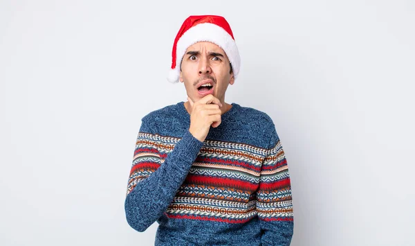 Young Hispanic Man Mouth Eyes Wide Open Hand Chin New — Stock Photo, Image