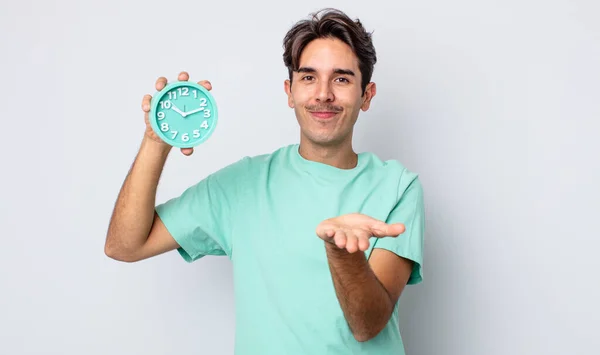 Young Hispanic Man Smiling Happily Friendly Offering Showing Concept Alarm — Stock Photo, Image