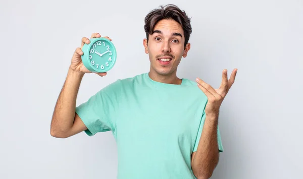 Young Hispanic Man Feeling Happy Surprised Realizing Solution Idea Alarm — Stock Photo, Image