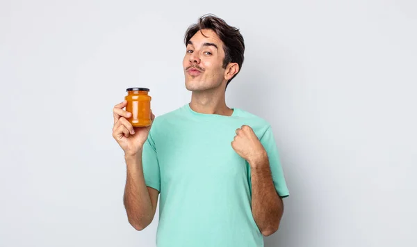 Young Hispanic Man Looking Arrogant Successful Positive Proud Peach Jelly — Stock Photo, Image