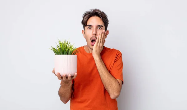 Jonge Spaanse Man Voelt Zich Geschokt Bang Decoratieve Plant Concept — Stockfoto