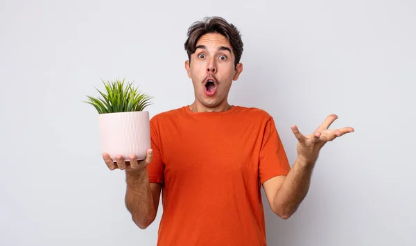 Jonge Spaanse Man Voelt Zich Zeer Geschokt Verrast Decoratieve Plant — Stockfoto