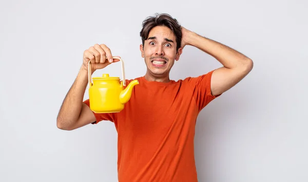 Young Hispanic Man Feeling Stressed Anxious Scared Hands Head Teapot — Stock Photo, Image
