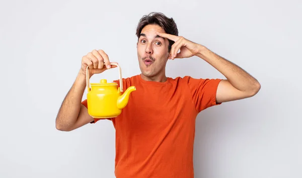 Young Hispanic Man Looking Happy Astonished Surprised Teapot Concept — Stock Photo, Image