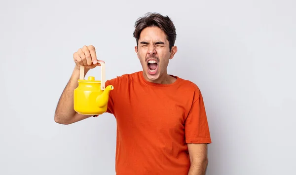 Young Hispanic Man Shouting Aggressively Looking Very Angry Teapot Concept — Stock Photo, Image