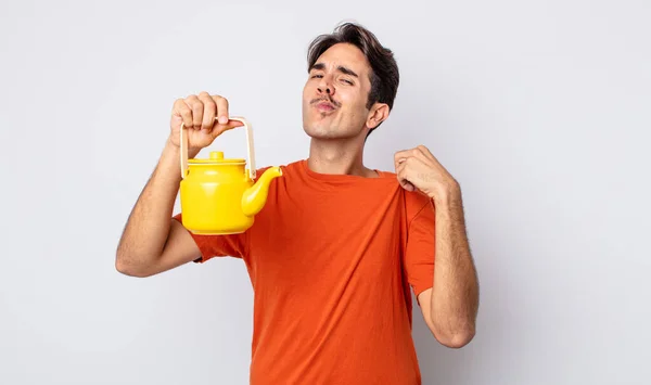 Young Hispanic Man Looking Arrogant Successful Positive Proud Teapot Concept — Stock Photo, Image