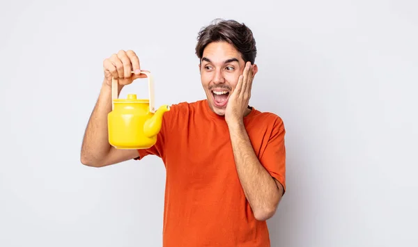 Young Hispanic Man Feeling Happy Excited Surprised Teapot Concept — Stock Photo, Image