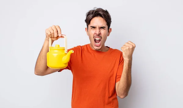 Young Hispanic Man Shouting Aggressively Angry Expression Teapot Concept — Stock Photo, Image