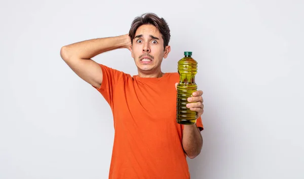 Young Hispanic Man Feeling Stressed Anxious Scared Hands Head Olive — Stock Photo, Image