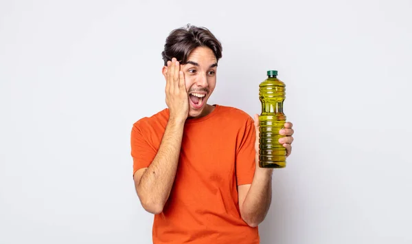 Young Hispanic Man Feeling Happy Excited Surprised Olive Oil Concept — Stock Photo, Image