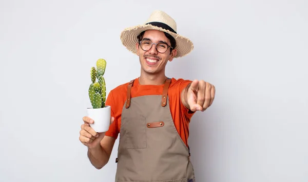 Young Hispanic Man Pointing Camera Choosing You Gardener Cactus Concept — Stock Photo, Image