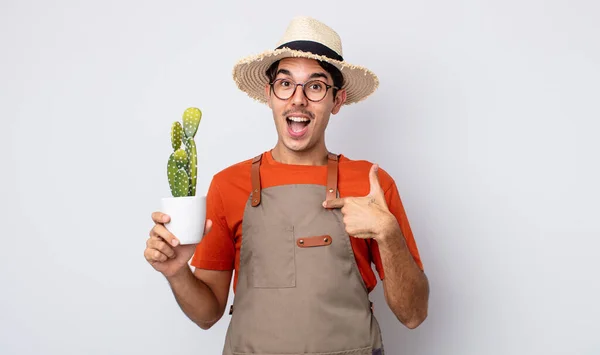 Young Hispanic Man Feeling Happy Pointing Self Excited Gardener Cactus — Stock Photo, Image