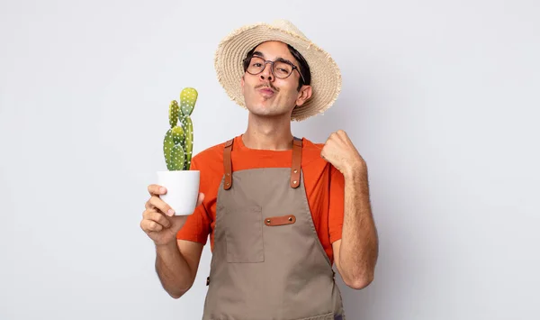 Young Hispanic Man Looking Arrogant Successful Positive Proud Gardener Cactus — Stock Photo, Image