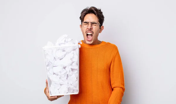 Young Hispanic Man Shouting Aggressively Looking Very Angry Paper Balls — Stock Photo, Image