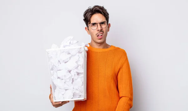 Young Hispanic Man Feeling Puzzled Confused Paper Balls Trash Concept — Stock Photo, Image