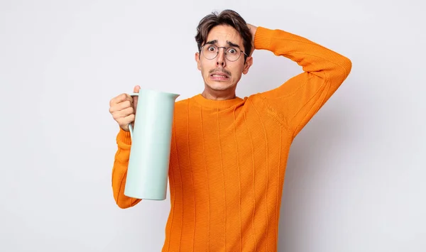 Young Hispanic Man Feeling Stressed Anxious Scared Hands Head Thermos — Stock Photo, Image