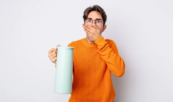 Young Hispanic Man Covering Mouth Hands Shocked Thermos Concept — Stock Photo, Image
