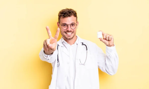 Young Handsome Man Smiling Looking Happy Gesturing Victory Peace Physician — Stock Photo, Image