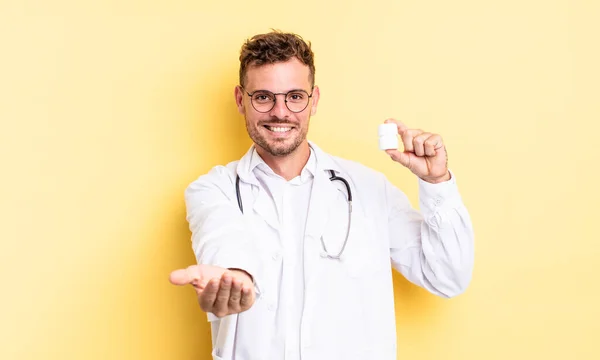 Young Handsome Man Smiling Happily Friendly Offering Showing Concept Physician — Stock Photo, Image