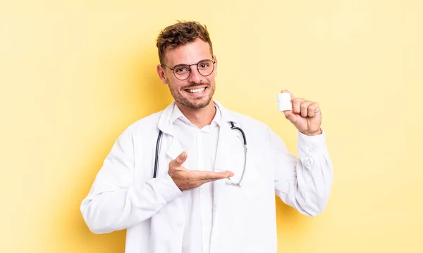 Young Handsome Man Smiling Cheerfully Feeling Happy Showing Concept Physician — Stock Photo, Image