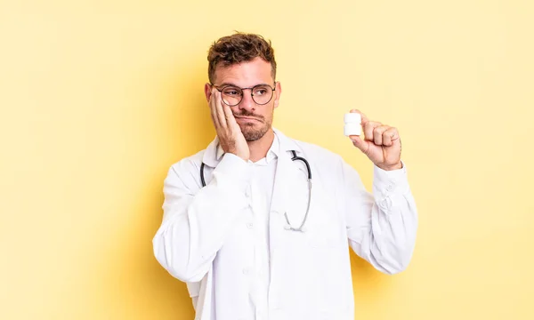 Young Handsome Man Feeling Bored Frustrated Sleepy Tiresome Physician Pills — Stock Photo, Image