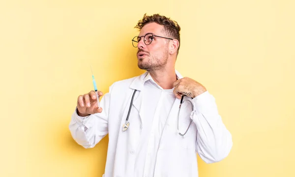 Young Handsome Man Feeling Stressed Anxious Tired Frustrated Physician Syringe — Stock Photo, Image