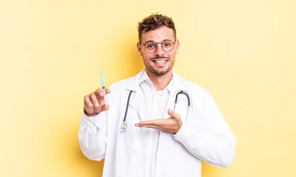 Young Handsome Man Smiling Cheerfully Feeling Happy Showing Concept Physician — Stock Photo, Image