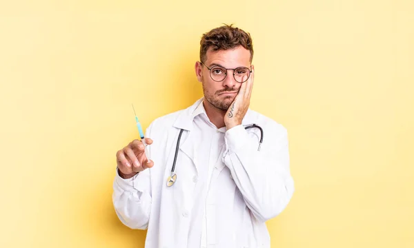 Young Handsome Man Feeling Bored Frustrated Sleepy Tiresome Physician Syringe — Stock Photo, Image