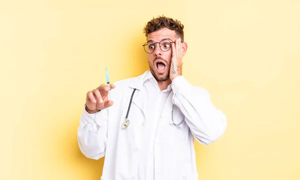 Young Handsome Man Feeling Happy Excited Surprised Physician Syringe Concept — Stock Photo, Image